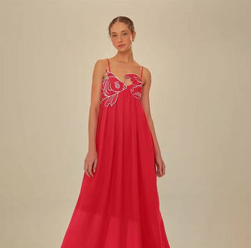 Sensense Fish-Shaped Three-Dimensional Embroidery Chest Pressure Folded Red Sling Dress 2024 Spring And Summer New
